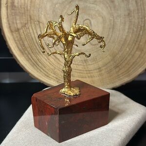 Gold Tree Sculpture on Red Marble Stone Base